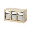 TROFAST - Storage combination with boxes, light white stained pine white/grey, 93x44x53 cm