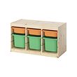 TROFAST - Kombinasi penyimpanan dgn kotak, pinus diwarnai putih muda oranye muda/hijau terang, 93x44x53 cm