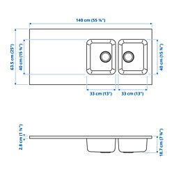 OLOFSJÖN - Worktop with 2 integrated sinks, stainless steel, 140x63.5 cm