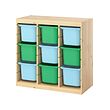TROFAST - Storage combination with boxes, room divider light white stained pine/light blue bright green, 93x44x91 cm
