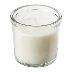 JÄMLIK - Scented candle in glass, Vanilla/light beige, 20 hr