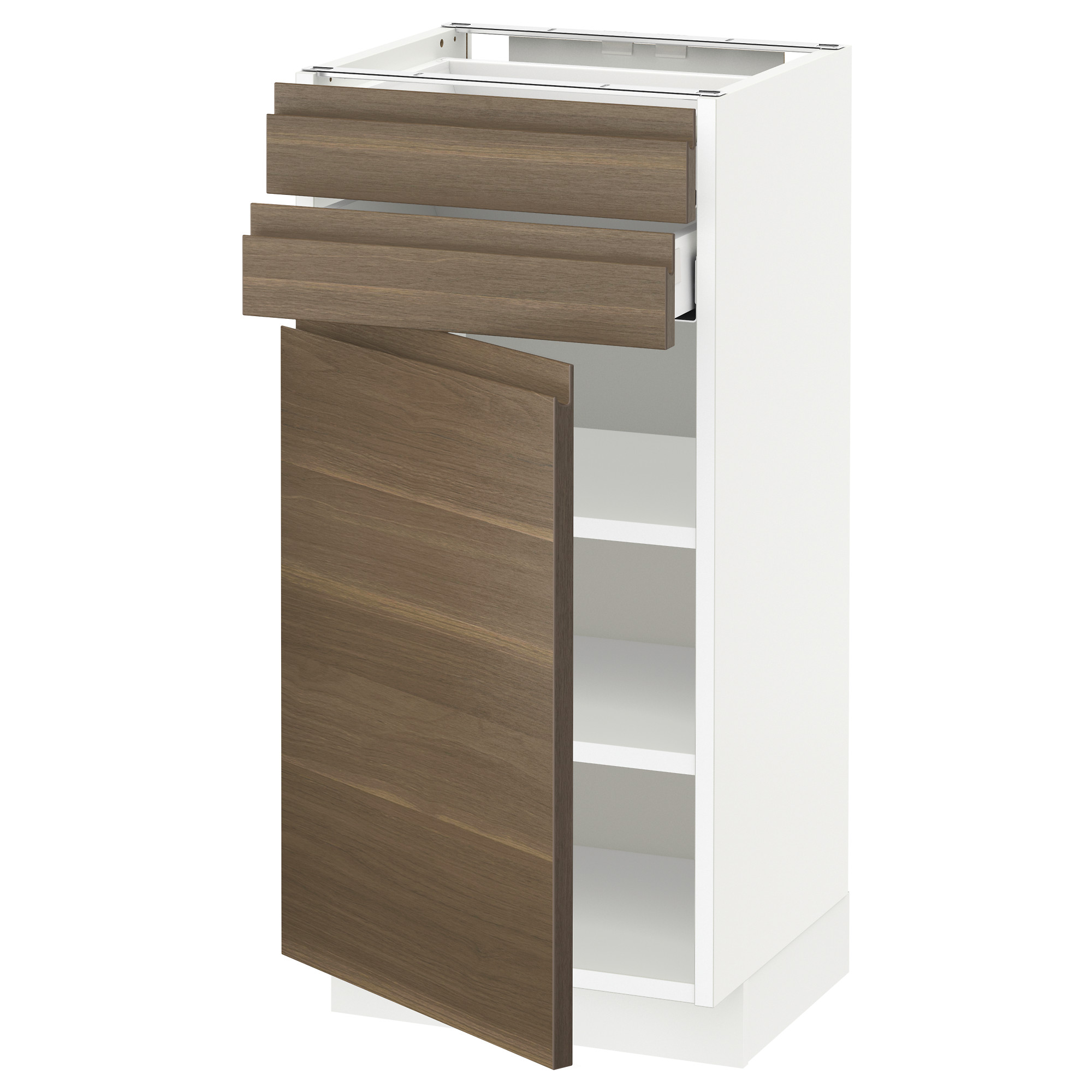 METOD base w door/2 drawers, white Maximera/Voxtorp walnut