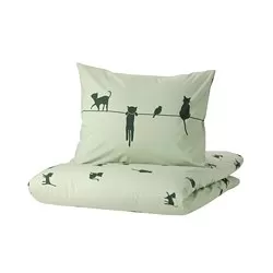 BARNDRÖM - Sarung duvet dan sarung bantal, motif kucing/hijau, 150x200/50x80 cm