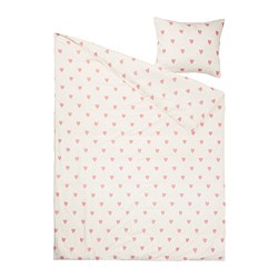 BARNDRÖM - Sarung duvet dan sarung bantal, pola hati putih/merah muda, 150x200/50x80 cm