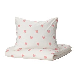 BARNDRÖM - Sarung duvet dan sarung bantal, pola hati putih/merah muda, 150x200/50x80 cm