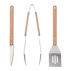 GRILLTIDER - Set 3 unit alat barbeku, baja tahan karat/kayu beech