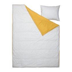VÄNKRETS - Sarung duvet dan sarung bantal, pola kotak putih/kuning, 150x200/50x80 cm