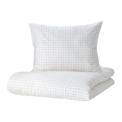 VÄNKRETS - Sarung duvet dan sarung bantal, pola kotak putih/kuning, 150x200/50x80 cm