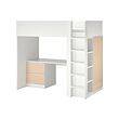SMÅSTAD - Tempat tidur tinggi, putih kayu birch/dengan meja dengan 3 laci, 90x200 cm