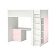 SMÅSTAD - Loft bed, white pale pink/with desk with 4 drawers, 90x200 cm