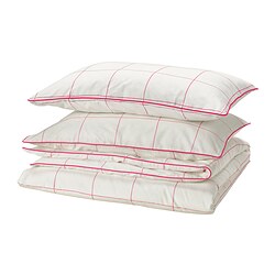 BREDVECKLARE - Sarung duvet dan 2 sarung bantal, putih merah muda/motif kotak, 200x200/50x80 cm