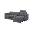 VIMLE - Sofa 3 dudukan dengan chaise longue, dengan sandaran kepala/Gunnared abu-abu medium