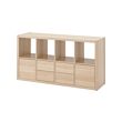 KALLAX - Unit rak dengan 4 sisipan, efek kayu oak diwarnai putih, 147x77 cm