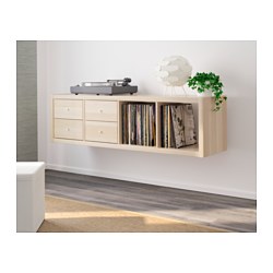 KALLAX - Unit rak dengan 2 sisipan, efek kayu oak diwarnai putih, 42x147 cm