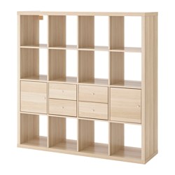 KALLAX - Unit rak dengan 4 sisipan, efek kayu oak diwarnai putih, 147x147 cm
