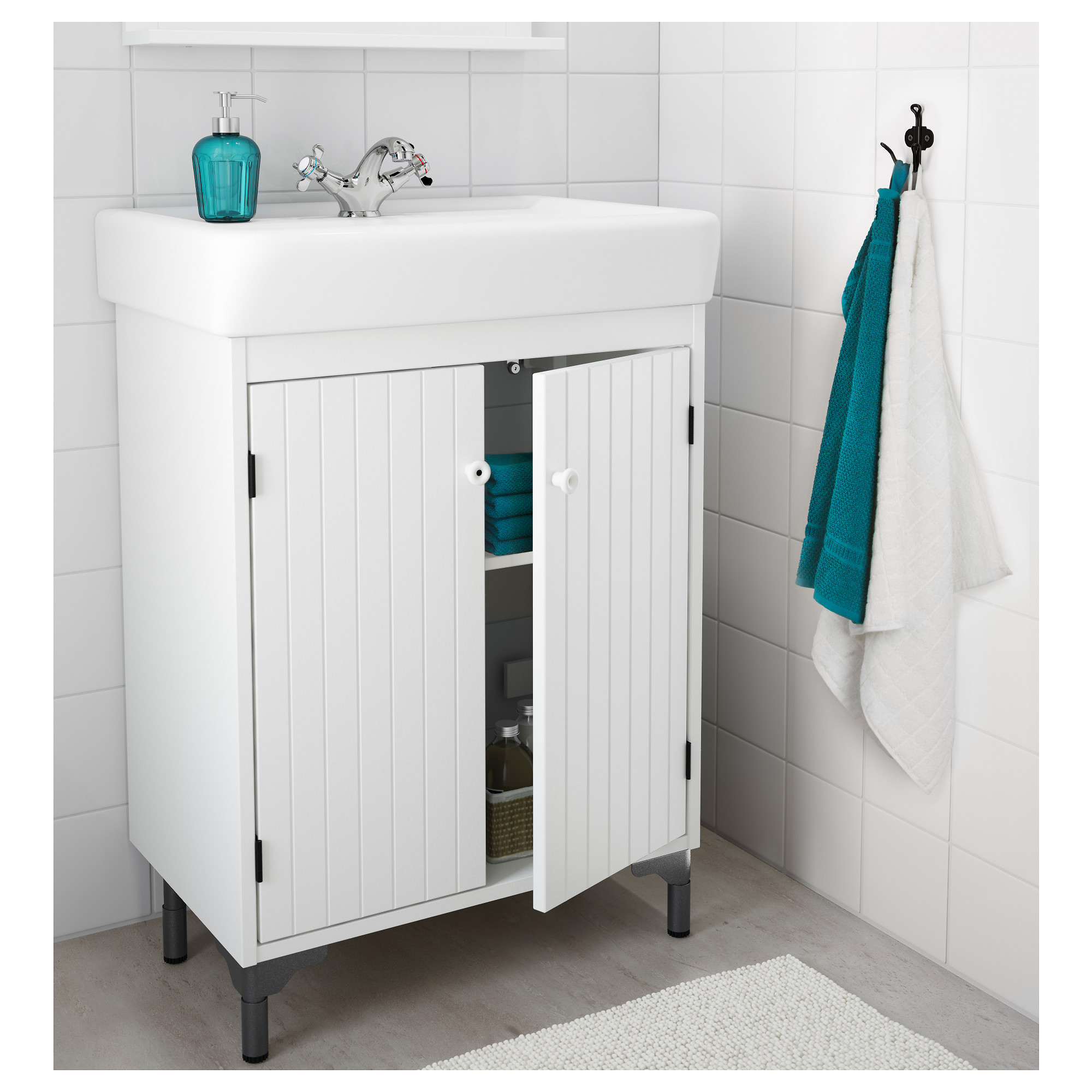 SILVERÅN/HAMNVIKEN washbasin with 2 doors, white/Runskär tap