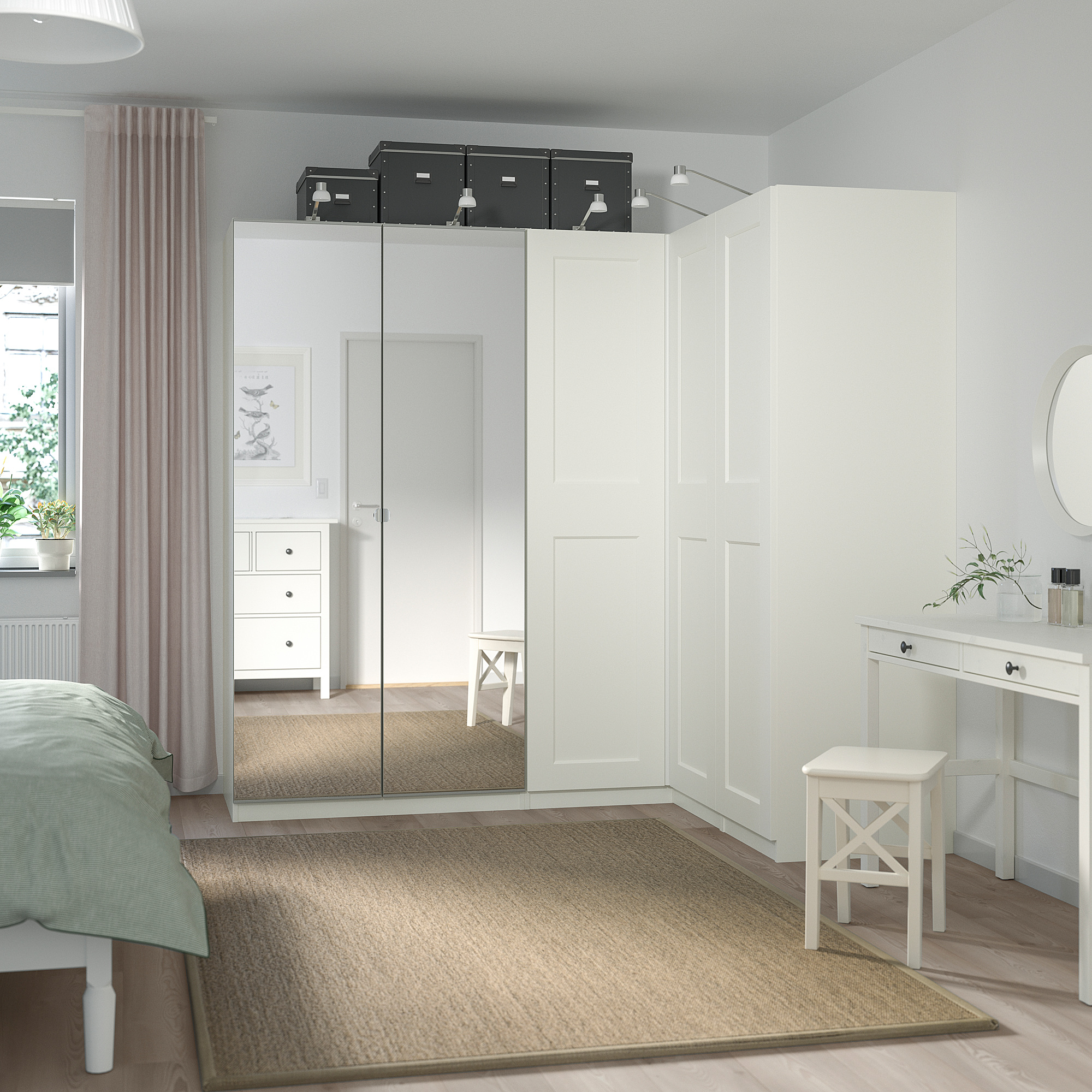 PAX/GRIMO/VIKEDAL corner wardrobe, white/mirror glass, 210/160x201 cm