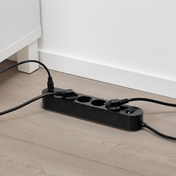 KOPPLA - 4 jalur stopkontak dgn 2 port USB, hitam, 3.0 m
