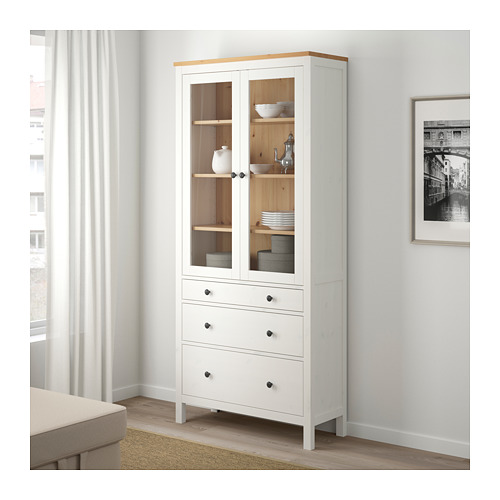 HEMNES Kabinet Berpintu Kaca Dg 3 Laci, Warna Putih/cokelat Muda | IKEA ...