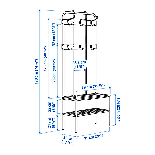 NIPÅSEN coat rack and bench w shoe storage, black, 190x35x79 cm