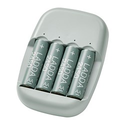 LADDA/STENKOL - Charger baterai dan 4 baterai