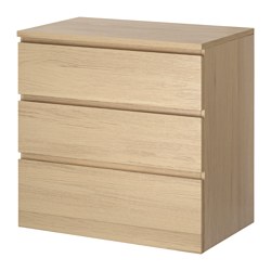 MALM - Lemari 3 laci, veneer kayu oak diwarnai putih, 80x78 cm