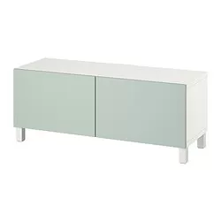 BESTÅ - Meja TV dengan pintu, putih Hjortviken/Stubbarp/abu-abu-hijau pudar, 120x42x48 cm