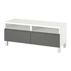 BESTÅ - Meja TV dengan laci, putih/Västerviken/Stubbarp abu-abu tua, 120x42x48 cm