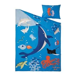 BLÅVINGAD - Sarung duvet dan sarung bantal, motif hewan samudera/aneka warna, 150x200/50x80 cm