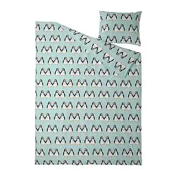 BLÅVINGAD - Sarung duvet dan sarung bantal, motif penguin/toska muda, 150x200/50x80 cm