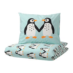 BLÅVINGAD - Duvet cover and pillowcase, penguin pattern/light turquoise, 150x200/50x80 cm
