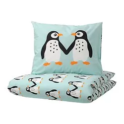 BLÅVINGAD - Sarung duvet dan sarung bantal, motif penguin/toska muda, 150x200/50x80 cm