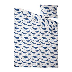 BLÅVINGAD - Sarung duvet dan sarung bantal, motif paus biru/putih, 150x200/50x80 cm