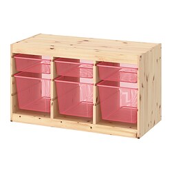 TROFAST - Storage combination with boxes, light white stained pine/light red, 93x44x53 cm