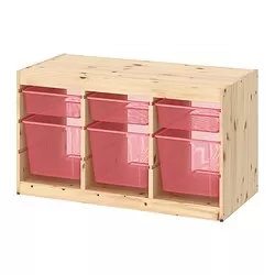 TROFAST - Kombinasi penyimpanan dgn kotak, pinus diwarnai putih muda/merah cerah, 93x44x53 cm