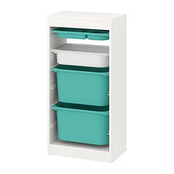 TROFAST - Storage combination with boxes/tray, white turquoise/white, 46x30x95 cm
