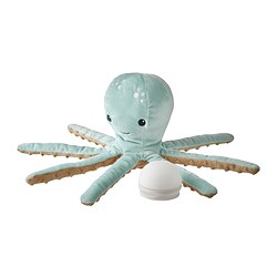 BLÅVINGAD - Soft toy with LED night light, turquoise octopus/battery-operated