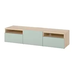 BESTÅ - Meja TV dengan laci dan pintu, efek kayu oak diwarnai putih/Hjortviken abu-abu-hijau pudar, 180x42x39 cm