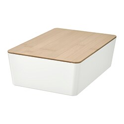 KUGGIS - Box with lid, white/bamboo, 18x26x8 cm