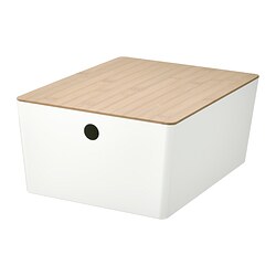 KUGGIS - Box with lid, white/bamboo, 26x35x15 cm