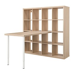 LAGKAPTEN/KALLAX - Desk combination, white/white stained oak effect, 147x159x147 cm