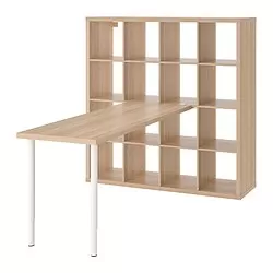 LAGKAPTEN/KALLAX - Kombinasi meja, putih/efek kayu oak diwarnai putih, 147x179x147 cm