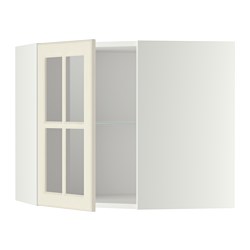 METOD - Corner wall cab w shelves/glass dr, white/Bodbyn off-white, 68x37x60 cm