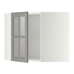 METOD - Corner wall cab w shelves/glass dr, white/Bodbyn grey, 68x37x60 cm