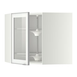 METOD - Corner wall cab w carousel/glass dr, white/Jutis frosted glass, 68x37x60 cm