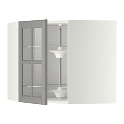 METOD - Corner wall cab w carousel/glass dr, white/Bodbyn grey, 68x37x60 cm