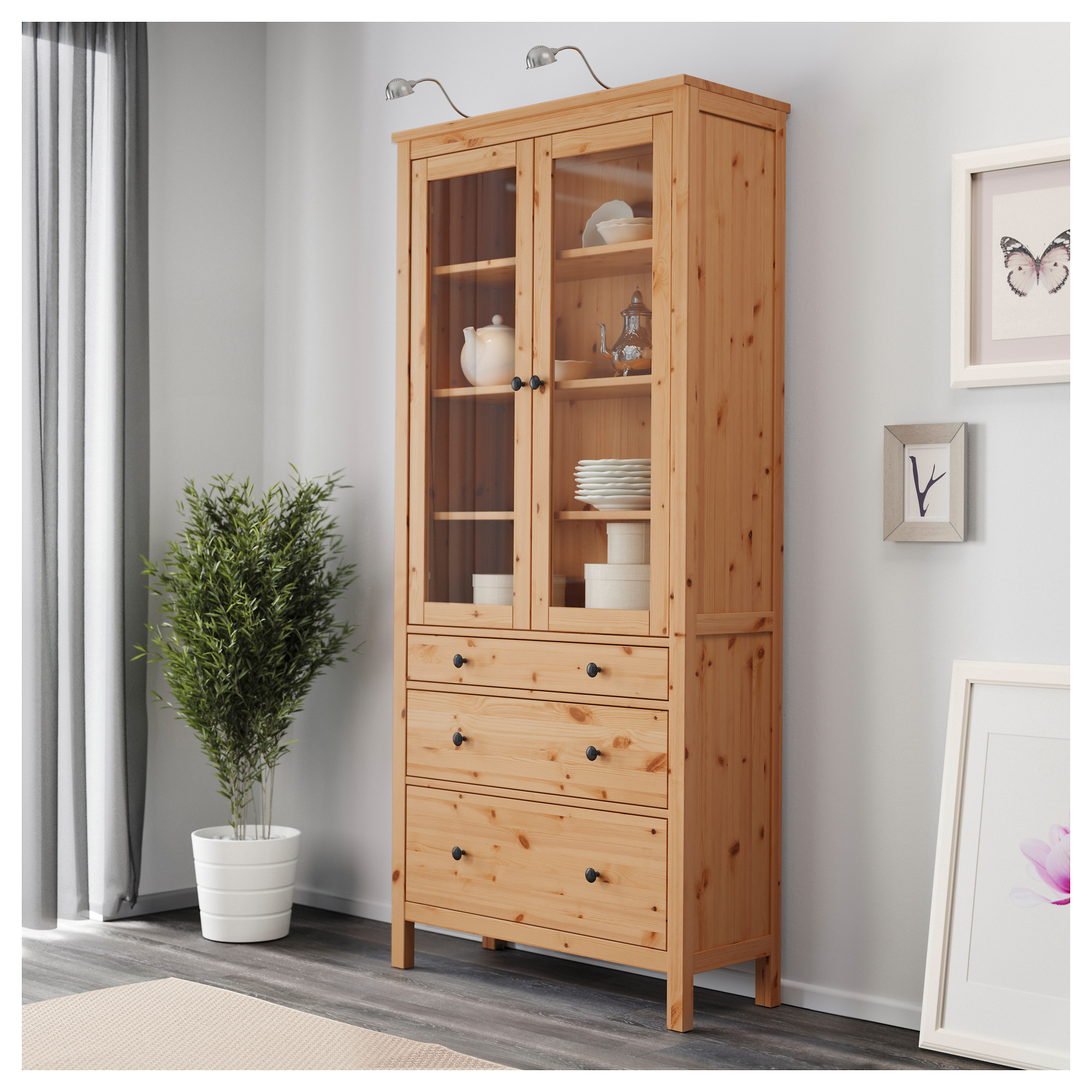 HEMNES kabinet berpintu kaca  dg 3 laci cokelat muda 