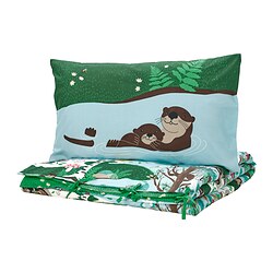 SKOGSDUVA - Sarung duvet dan sarung bantal, biru hijau/pola hutan, 150x200/50x80 cm