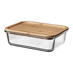 IKEA 365+ - Wadah makanan dengan penutup, persegi panjang kaca/bambu, 1.0 l