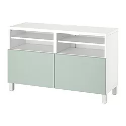 BESTÅ - Meja TV dengan pintu, putih/Hjortviken/Stubbarp abu-abu-hijau pudar, 120x42x74 cm